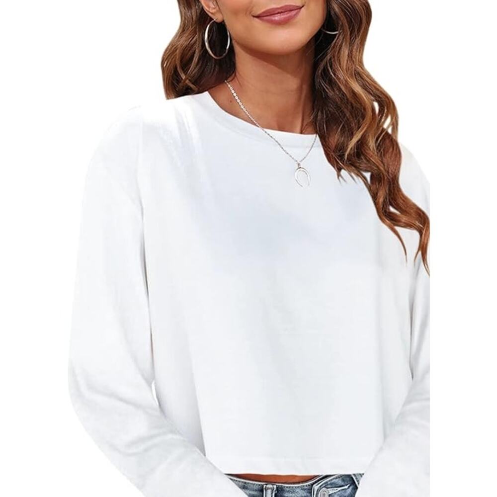 NWT Tankanea White Crew Neck Long Sleeve Cropped T-Shirt Women's Size Medium - Picture 2 of 3